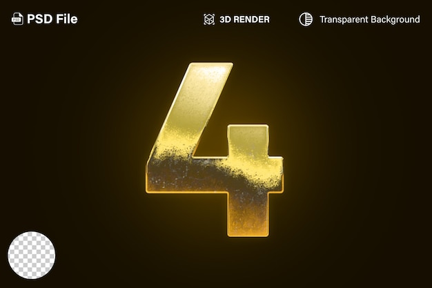 3d cuatro número 4 efecto dorado aislado en fondo transparente
