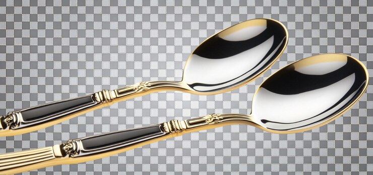 PSD 3d cubiertos de color dorado y plateado cuchillo horquilla cuchara y cucharadita