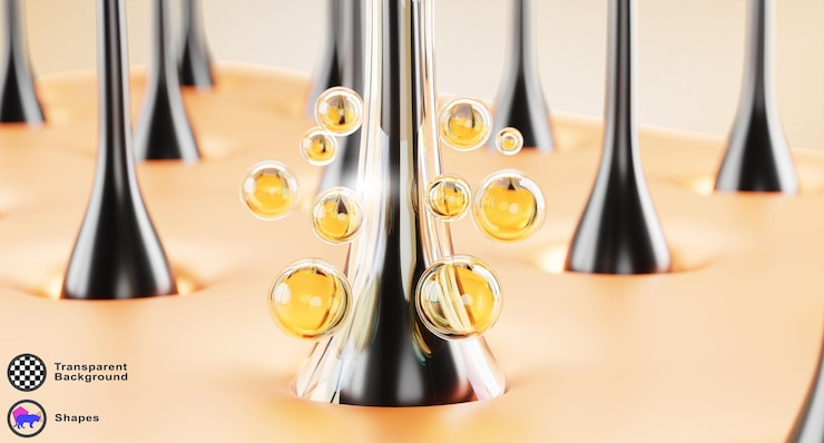 PSD 3d cura dei capelli macro sfondo cuoio capelluto con bolle d'olio d'oro siero di collagene o shampoo nutrizionale capelli sani e forti sulla superficie della pelle con sfere cosmetiche liquide gocce di essenza