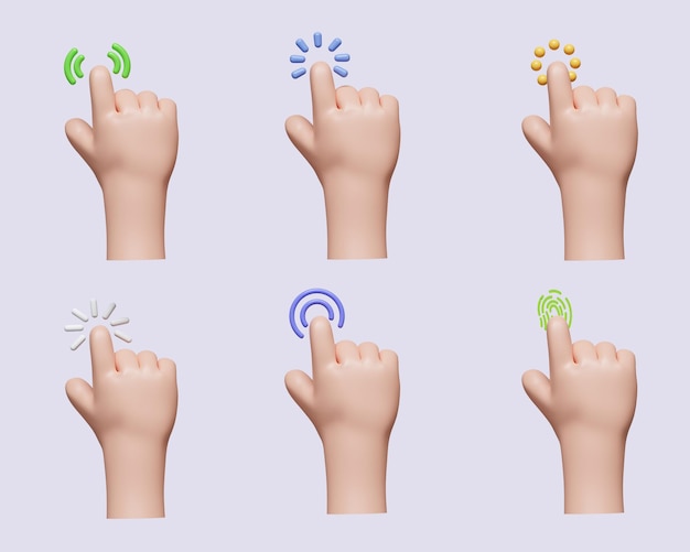 3d Cursor de computadora con la mano y haga clic Diversos brazos de hombre con los dedos Presione el botón apuntando o toque el icono de escaneo de huellas dactilares aislado en fondo gris Ilustración de renderización 3d Camino de recorte