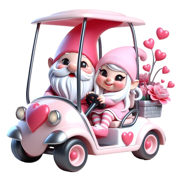 PSD 3d cute gnome couple golf cart valentín clipart ilustración