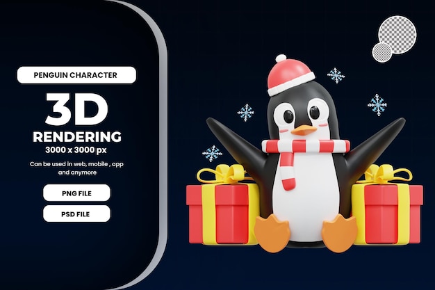 PSD 3d cute penguin sit avec une boîte à cadeaux illustration premium psd