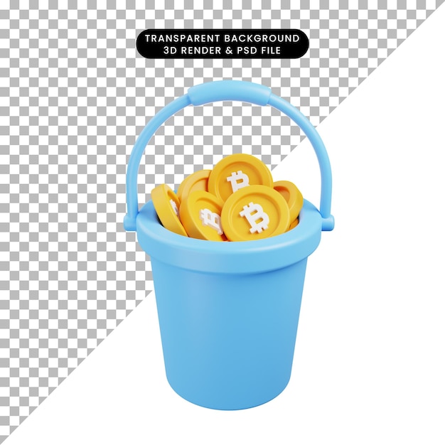 3d-darstellung bitcoin-symbol eimer mit bitcoin 3d-renderstil