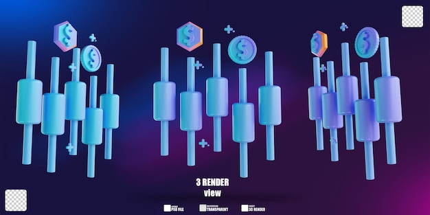 3D-Darstellung buntes Geld-Candlestick-Diagramm