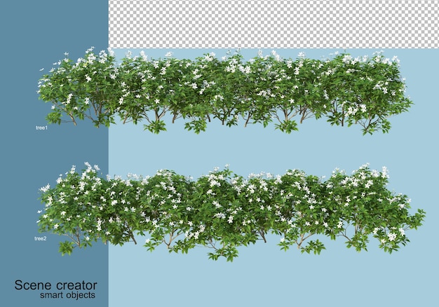 3D-Darstellung der Anordnung von Bäumen und Blumen