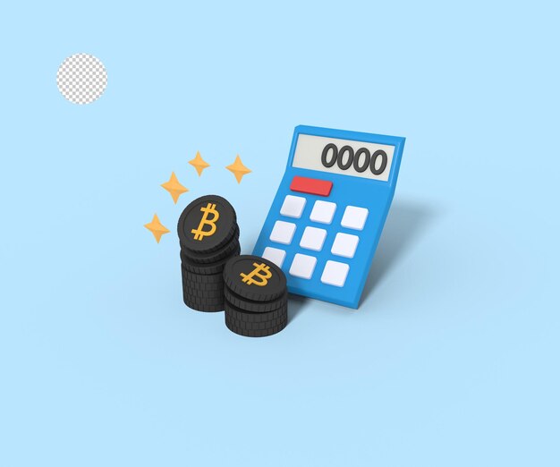 3d-darstellung der berechnung des bitcoin-gewinns mit einem taschenrechner