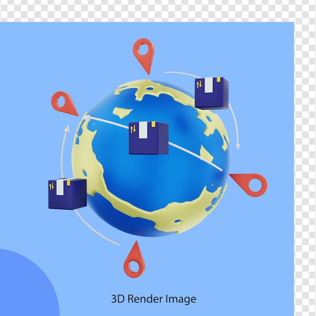 PSD 3d-darstellung der e-commerce-paketzustellung auf der ganzen welt