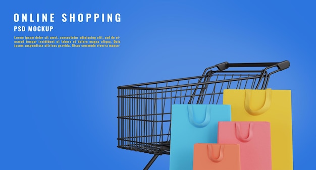 3D-Darstellung der Einkaufstasche mit Warenkorb und Online-Shopping-Konzept