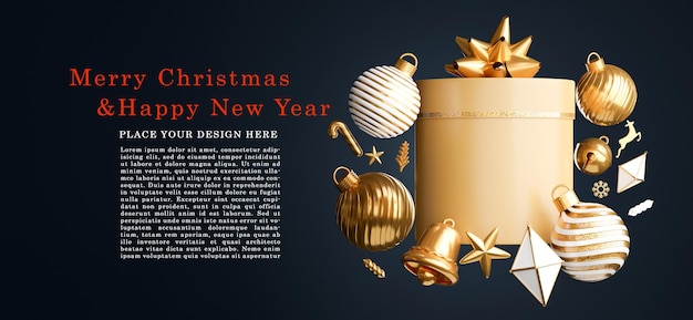 PSD 3d-darstellung der goldenen weihnachtsgeschenkbox mit weihnachtsverzierungskonzept