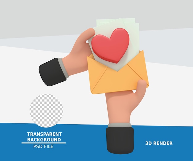 3D-Darstellung der Hand, die einen mit Herz gefüllten Umschlag gibt