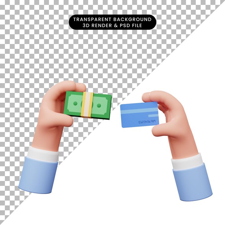 PSD 3d-darstellung der hand mit geld und kreditkarte credit
