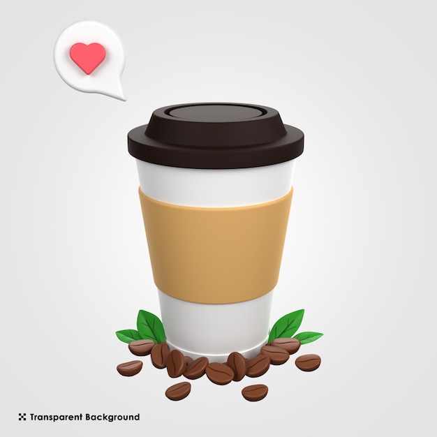 3D-Darstellung der Kaffeetasse mit Kaffeebohnen und Liebe isoliert auf dem transparenten Hintergrund