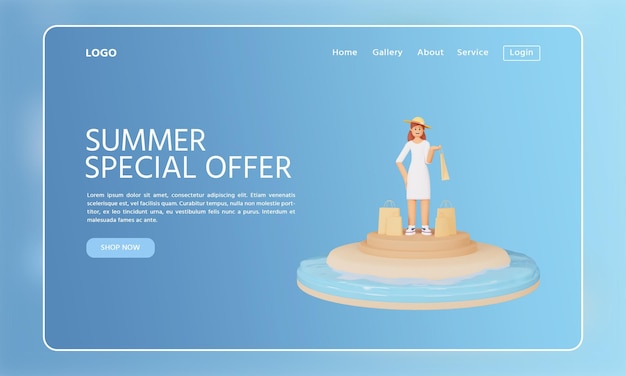 3D-Darstellung der Zielseiten-Designvorlage für den Sommerverkauf