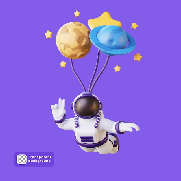 PSD 3d-darstellung des astronauten, der mit einem planetenballon fliegt