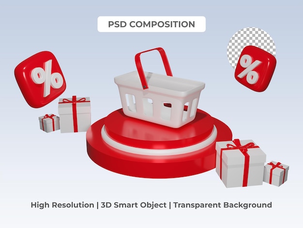 3D-Darstellung des Einkaufswagens im Podium mit Rabatt- und Geschenkboxen