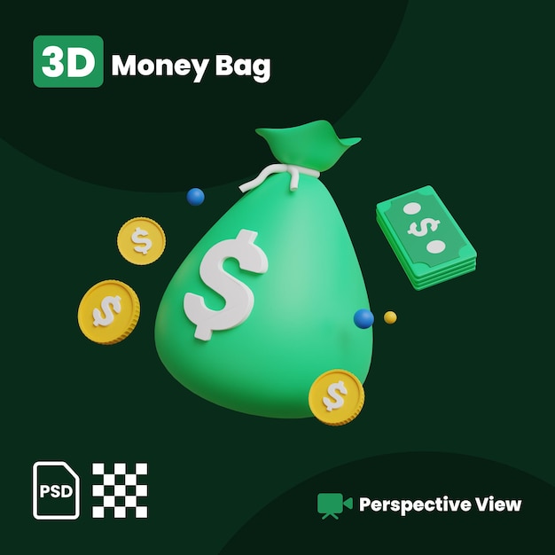 3D-Darstellung des Geldbeutels mit perspektivischer Ansicht