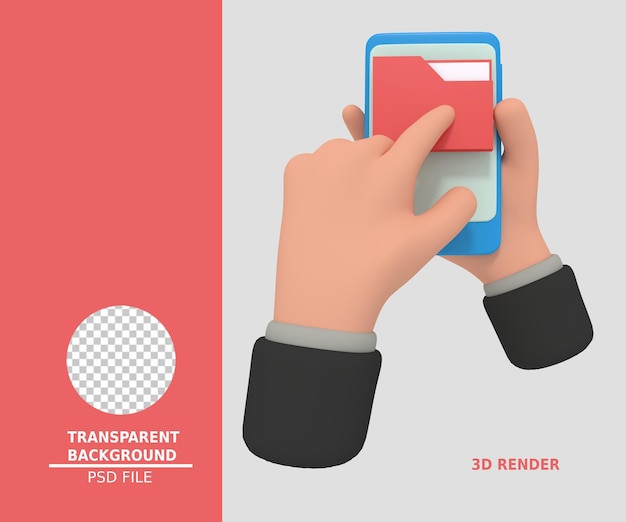 3D-Darstellung des Haltens eines Smartphones mit Ordnersymbol
