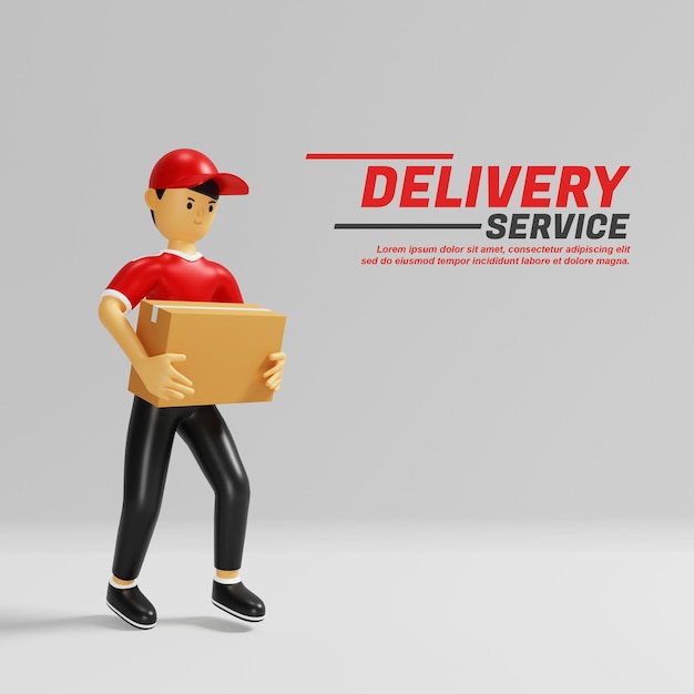 3D-Darstellung des Lieferservice-Kuriers mit Paketkarton