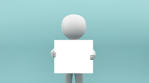 3D-Darstellung des menschlichen Moderators, der leeres weißes Papier vor pastelltürkisem Hintergrund hält