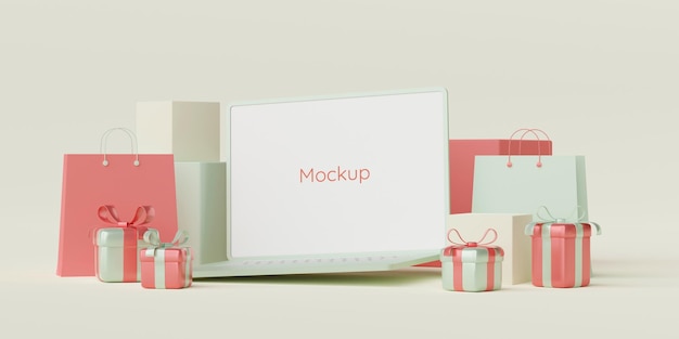 3D-Darstellung des Online-Shopping-Konzepts Laptop mit leerem Bildschirm und Geschenkbox und Einkaufstasche