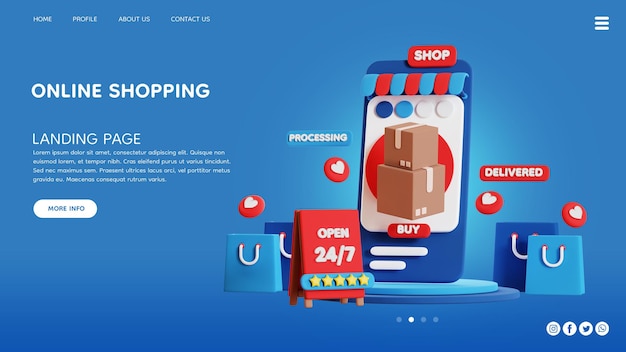 3D-Darstellung des Online-Shoppings für die Zielseite
