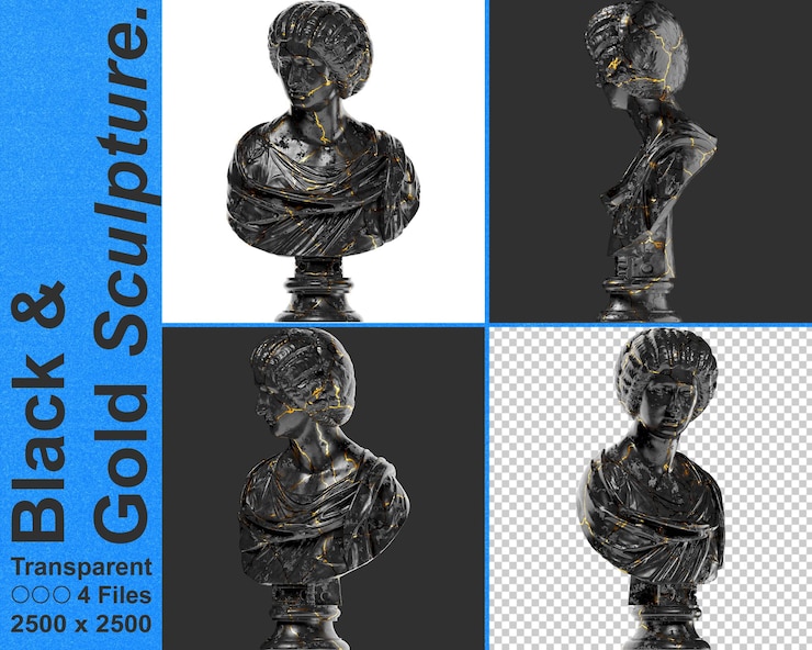 PSD 3d-darstellung des porträts einer edlen damenstatue, mischung aus schwarzem, glänzendem marmor und atemberaubenden goldakzentenxa