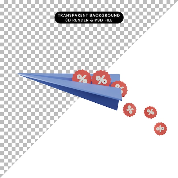 3d-darstellung des rabattsymbols mit fliegenden papierflugzeugen