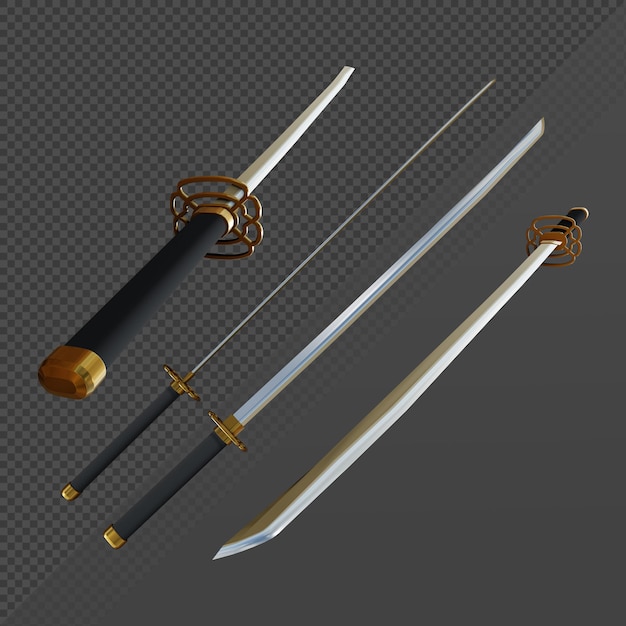 PSD 3d-darstellung des samurai-katana-schwertes aus verschiedenen perspektiven