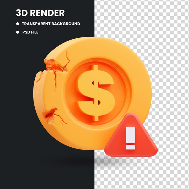 PSD 3d-darstellung des symbols für zerbrochene münzen, das vor finanzkrise und rezession warnt
