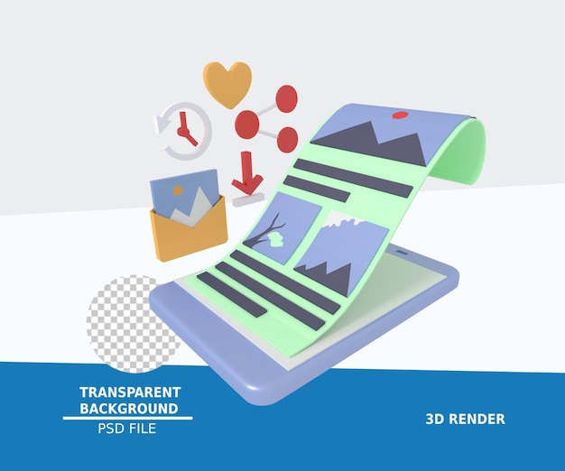PSD 3d-darstellung des teilens von artikeln auf dem smartphone