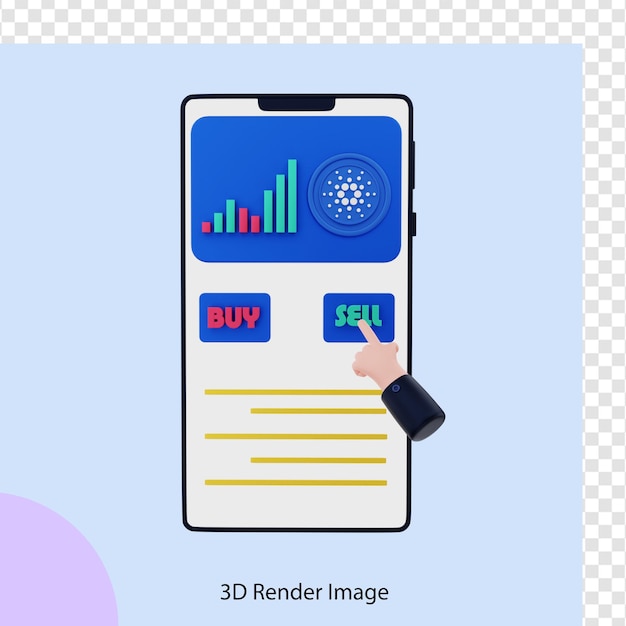 3D-Darstellung des Verkaufs von Cardano-Kryptomünzen mit dem Handy