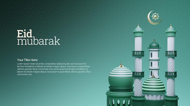 3D-Darstellung Eid Mubarak Posterdesign mit Moschee und Kuppel