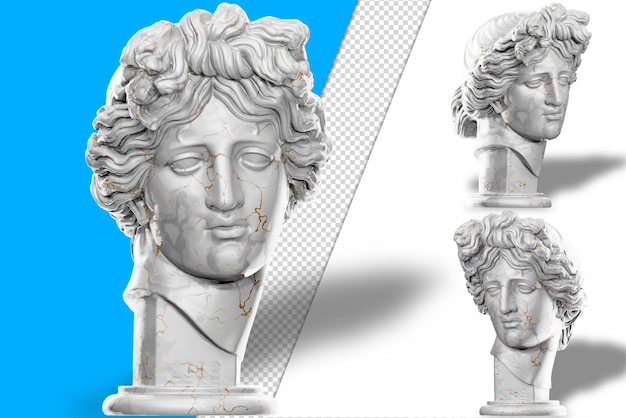 3d-darstellung einer apollo-statue mit steinstruktur und goldmarmor perfekt für klassisches design