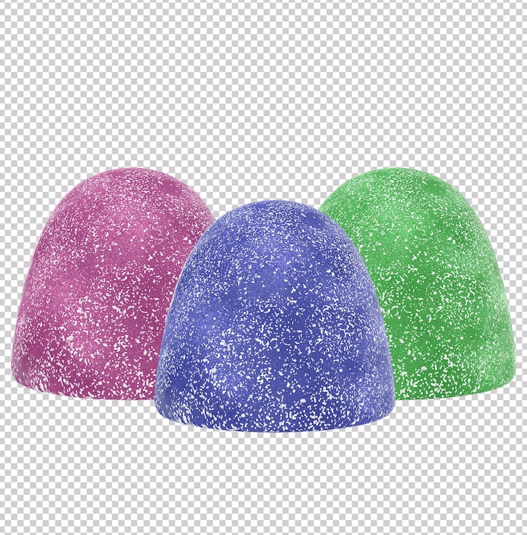 PSD 3d-darstellung einer bunten, glitzernden süßigkeit mit drei gummibärchen auf transparentem hintergrund