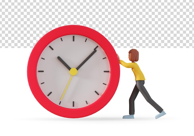 3D-Darstellung einer Frau, die eine riesige Uhr drückt