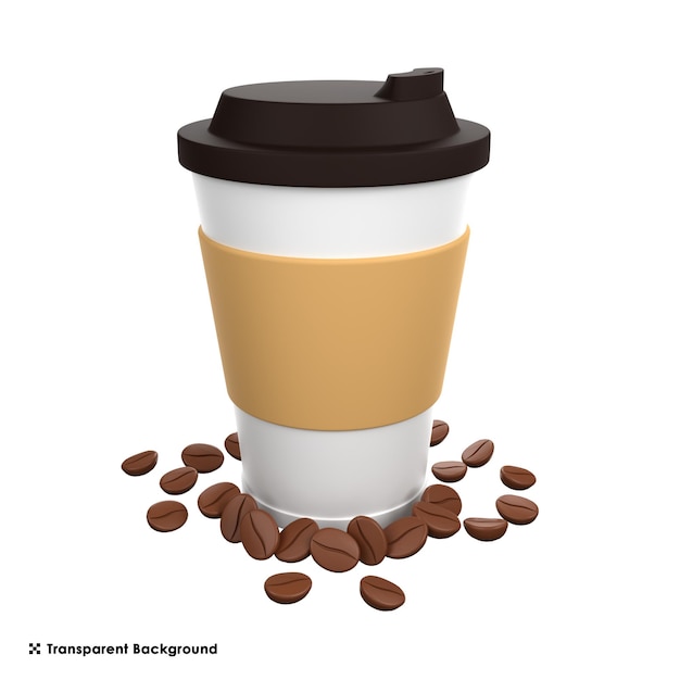 3D-Darstellung einer Kaffeetasse mit Kaffeebohnen, die auf dem transparenten Hintergrund isoliert sind