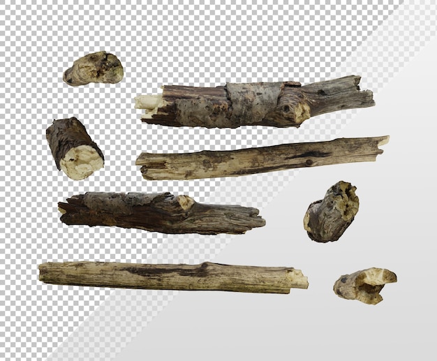3D-Darstellung einer Reihe von geschnittenen braunen Zweigen mit Holzstäbchen-Perspektivansicht