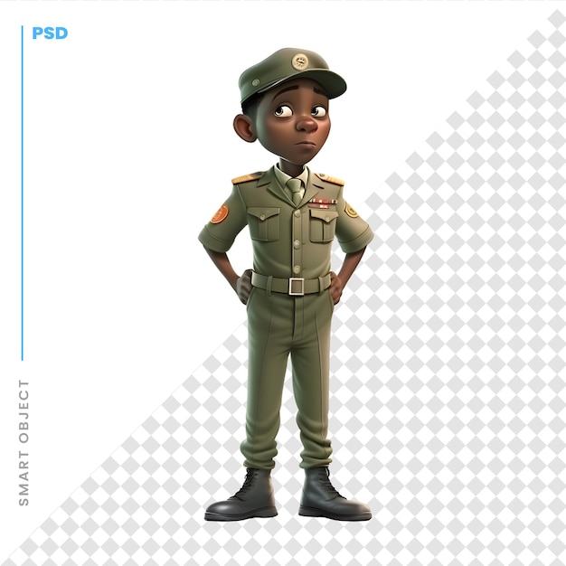 PSD 3d-darstellung eines afroamerikanischen jungen mit armeeuniform auf weißem hintergrund