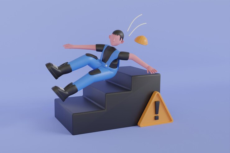 PSD 3d-darstellung eines arbeitsunfalls. 3d-darstellung eines arbeitsunfalls, der von der treppe herunterfällt