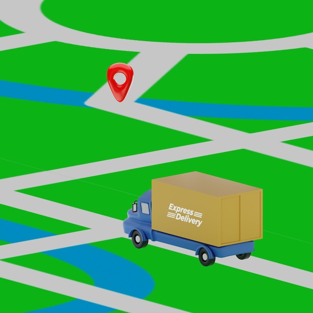 3D-Darstellung eines blauen LKW, der das Paket mit GPS liefert