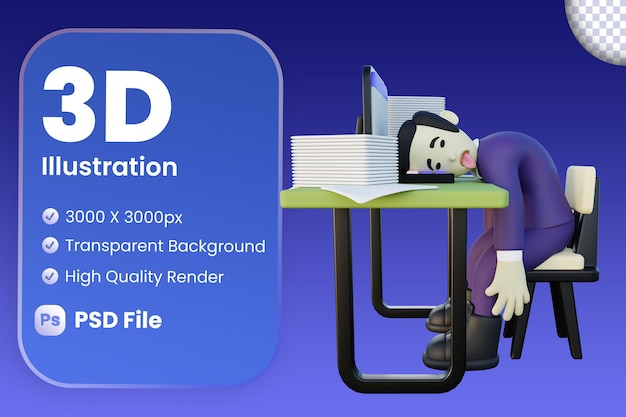 3D-Darstellung eines erschöpften Büroangestellten