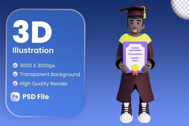 PSD 3d-darstellung eines graduierten studenten mit zertifikat