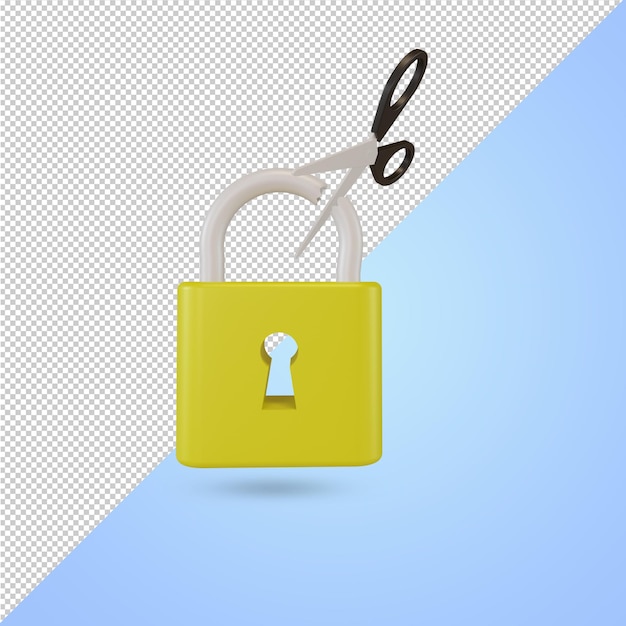 3d-darstellung eines kaputten schlosses und einer schere, symbol für passwort-hacking und dokumentdateipiraterie-konzept illustriert