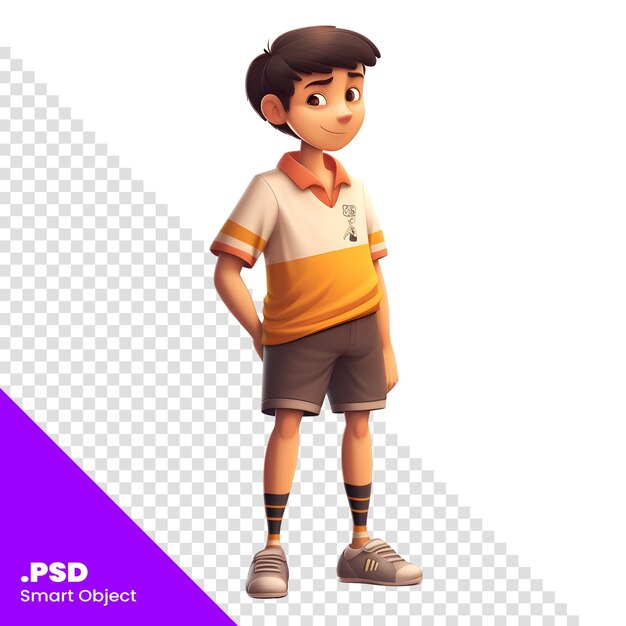 PSD 3d-darstellung eines kleinen jungen, der ein fußballtrikot und shorts trägt, psd-vorlage