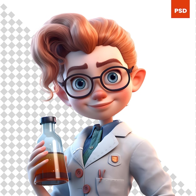 PSD 3d-darstellung eines kleinen jungen mit brille und flasche