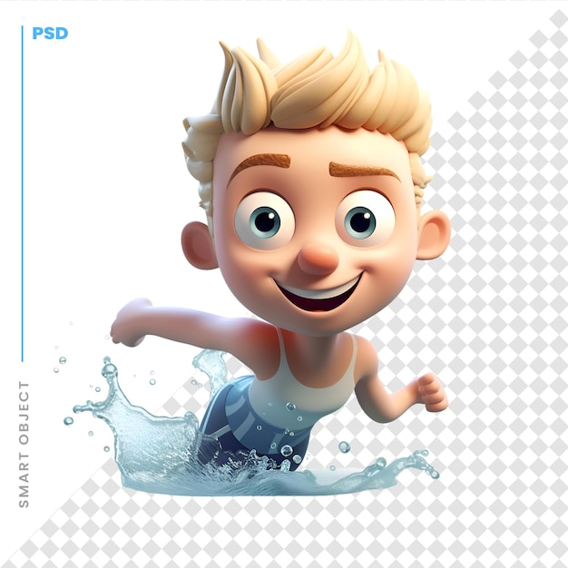 PSD 3d-darstellung eines kleinen jungen mit schwimmpose isoliert auf weißem hintergrund