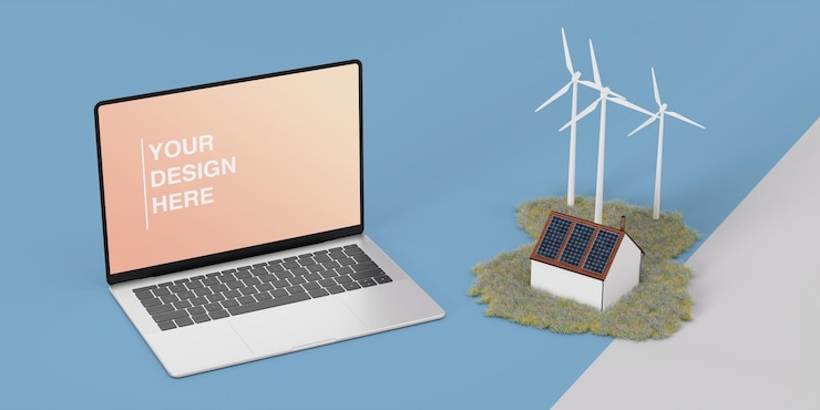 PSD 3d-darstellung eines laptop-modells mit spielzeughaus mit sonnenkollektoren und windmühlen auf weißem hintergrund