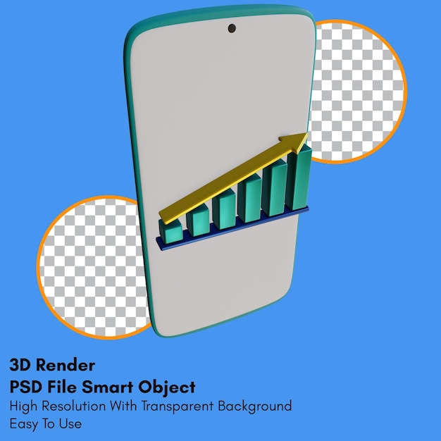 3d-darstellung eines linearen diagramms auf dem smartphone-symbol mit transparentem hintergrund