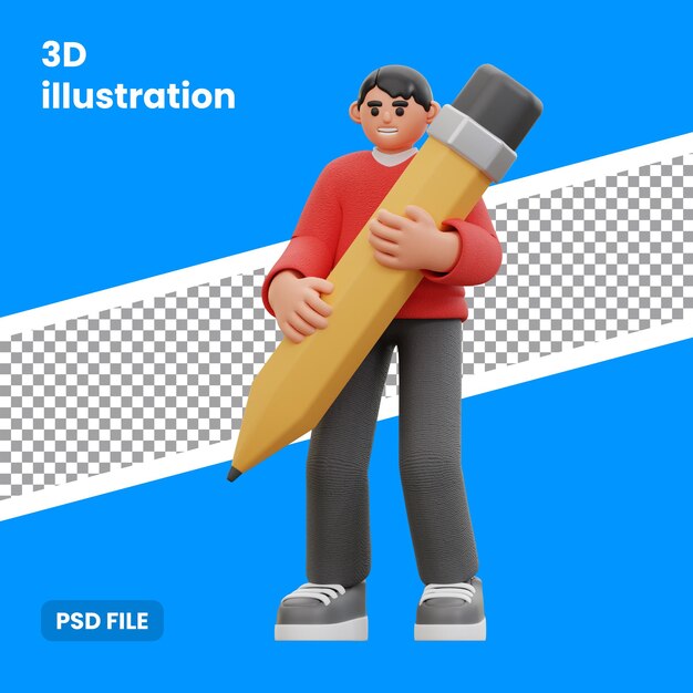3D-Darstellung eines Mannes, der einen großen Bleistift hält
