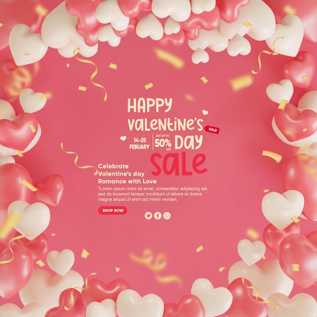 3D-Darstellung eines Valentinsplakats oder -banners mit vielen Mustern für die Produktpräsentation zum Valentinstag